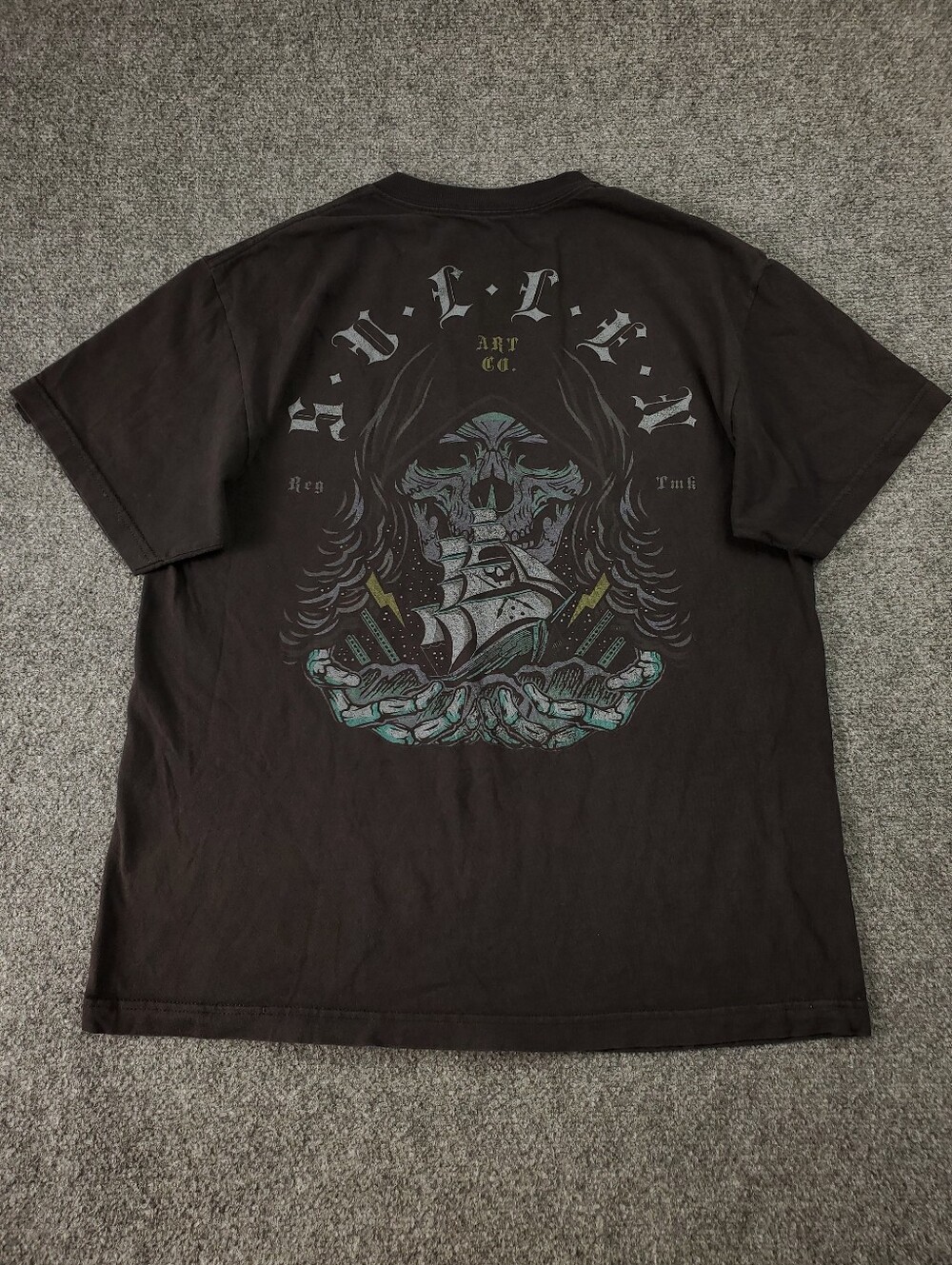 Sullen Art Collective T Shirt Large Black Pirate Ship Skull Tattoo Graphic Tee